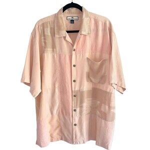 Tommy Bahama Mens Shirt Size L Button Up Patch Work Silk Linen Top Peach Color